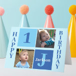 Birthday Boy Photo Personlig Cute Kids Blue Kort<br><div class="desc">Coola 2-fotokort grattis på födelsedagen för en liten pojke eller småbarn. Märk ditt barns födelsedag med söta fotografier av dem på detta sätt och lägg till ditt eget vykort med vackra blå rutor. Lägg till namn och ålder.</div>