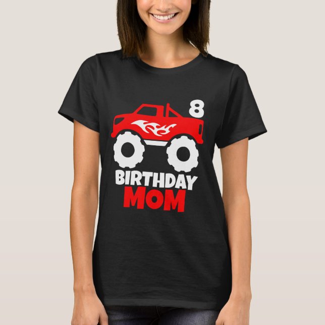 Birthday Boy Red Monster Lastbil Matching Mamma Bl T Shirt (Framsida)