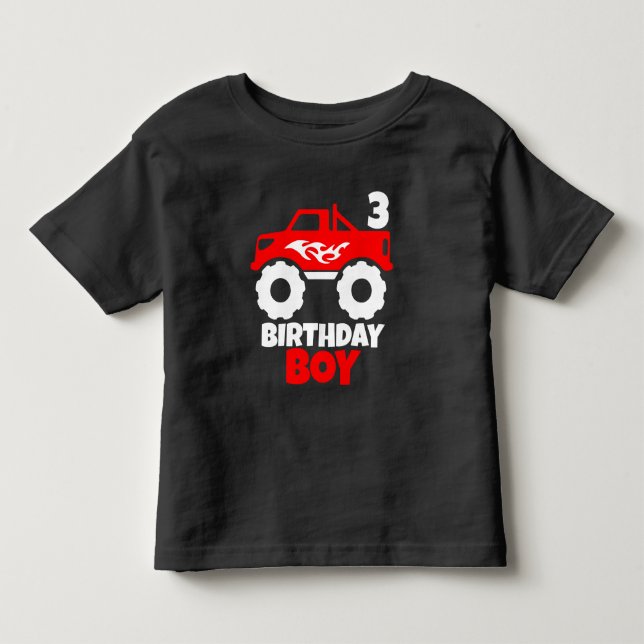 Birthday Boy Red Monster Lastbil med Age Black T Shirt (Framsida)