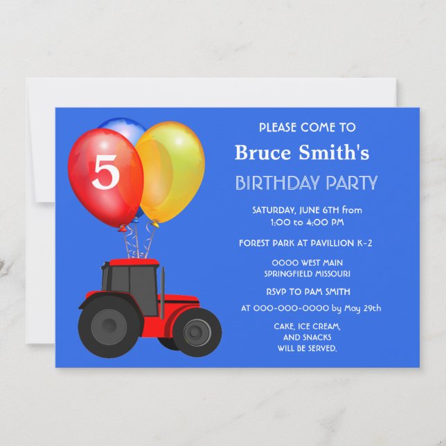 Birthday Boy Red Tractor och Balloals Inbjudningar (Framsida)