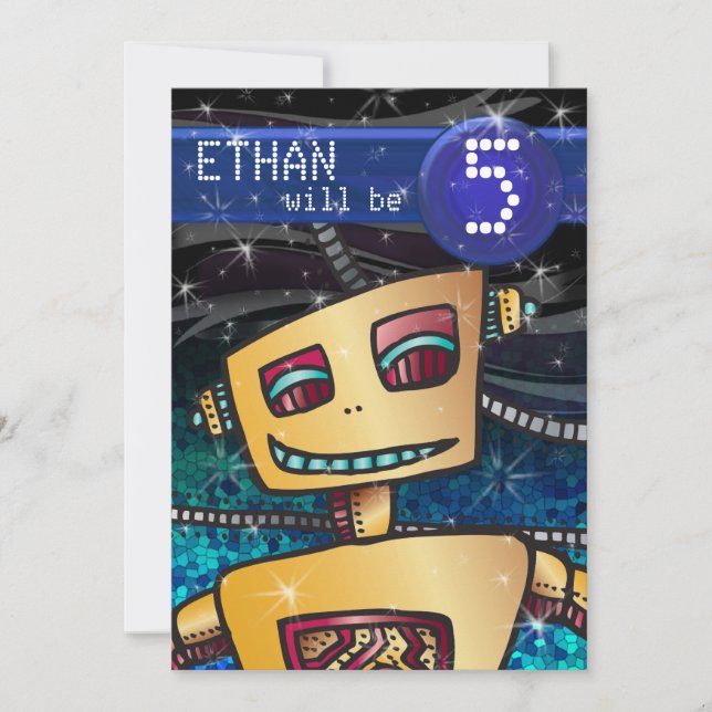 Birthday Boy Robot Tecknad Bok Hero Space SciFi Inbjudningar (Framsida)
