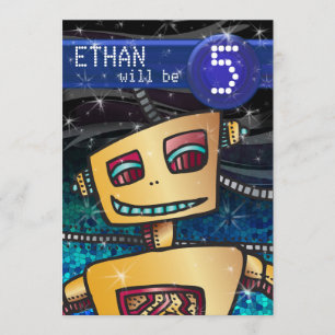 Birthday Boy Robot Tecknad Bok Hero Space SciFi Inbjudningar