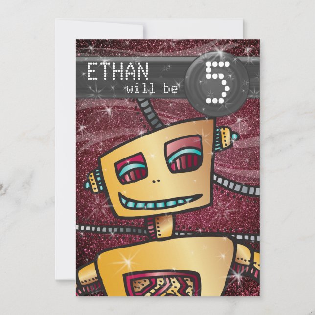 Birthday Boy Robot Tecknad Bok Hero Space SciFi Inbjudningar (Framsida)