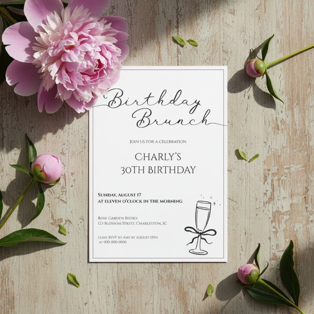 Birthday Brunch Invitation for Women Inbjudningar (Birthday brunch invitation with pink peony and buds on rustic wooden background.)