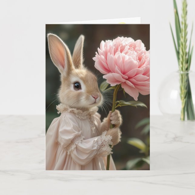 Birthday Bunny Holding a Rosa Peony Kort (Framsida)