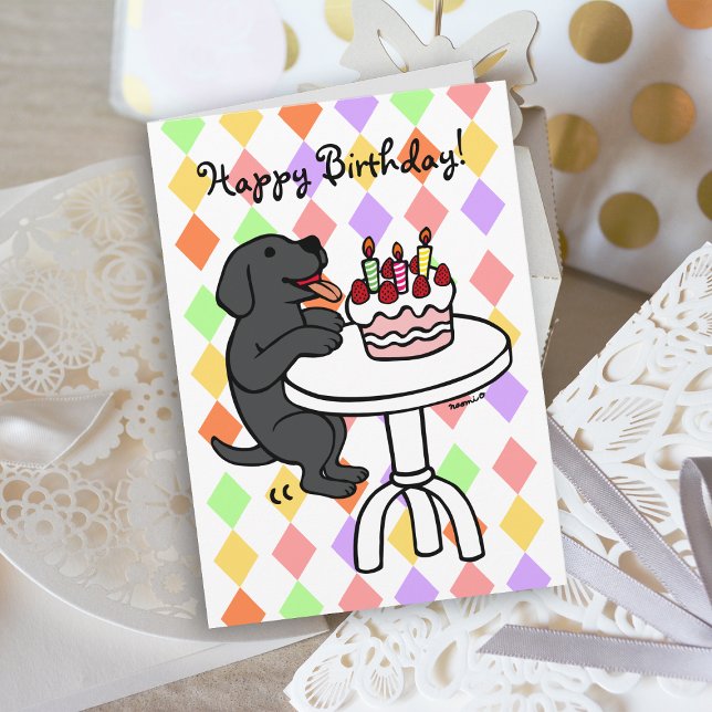 Birthday Cake Black Labrador Tecknad Kort (Birthday Cake Black Labrador Cartoon Birthday Card with colorful background for dog lovers.)