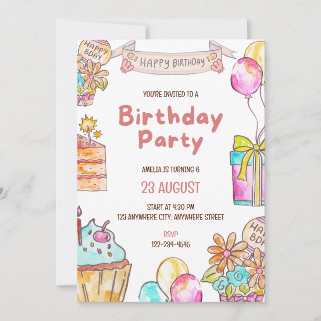 Birthday Cake Kids Party Invitation  Inbjudningar (Framsida)