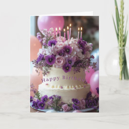 Birthday Cake Purple Pansies Hydrangea Birthday Kort