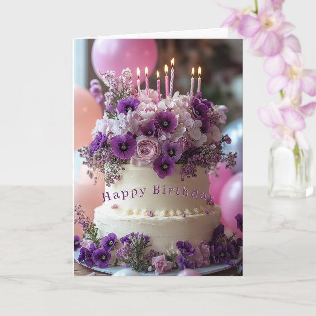 Birthday Cake Purple Pansies Hydrangea Birthday Kort (Orkide)