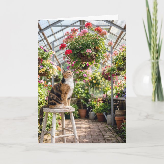 Birthday Calico Cat on a Greenhouse Stool Kort (Framsida)