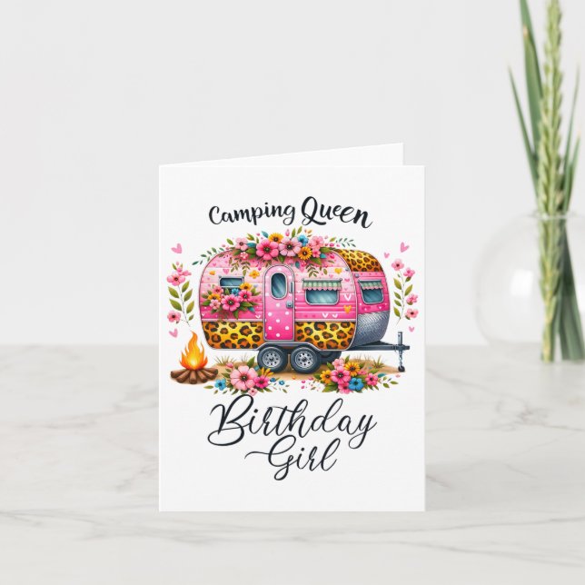 Birthday Camping Queen Camp Rosa Blommigt Van Birt Kort (Framsida)