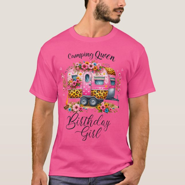 Birthday Camping Queen Camp Rosa Blommigt Van Birt T Shirt (Framsida)
