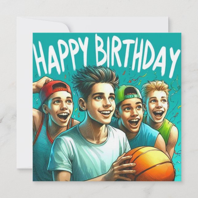 BIRTHDAY CARD ~ 4 Teenagers som spelar basket ~ (Framsida)