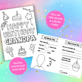 Birthday Card for Grandpa: Kids Coloring Activity Kort