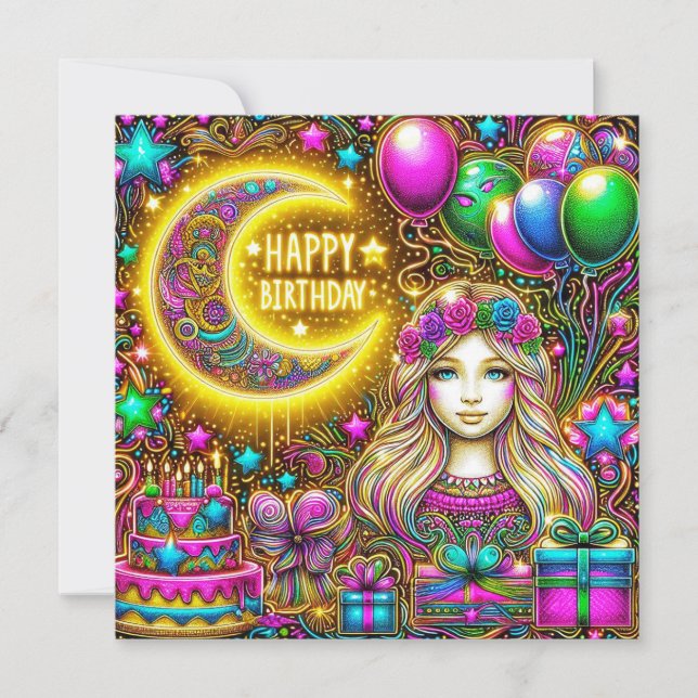 BIRTHDAY CARD ~ Girl with Fluorescent Hair ~ (Framsida)