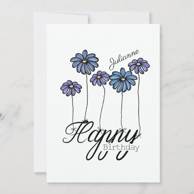Birthday Card w Blue Flower Balloons and Name Kort (Framsida)