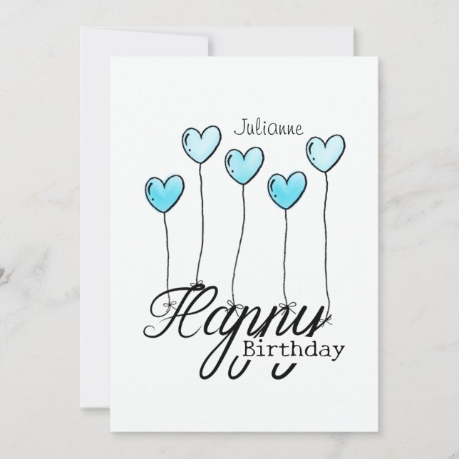 Birthday Card w Light Blue Heart Balloons And Name Kort (Framsida)