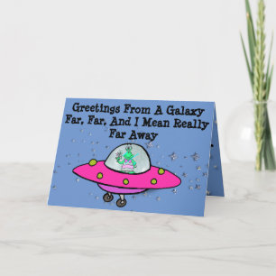 Birthday Card with Alien, Spaceship, and Balloons Kort