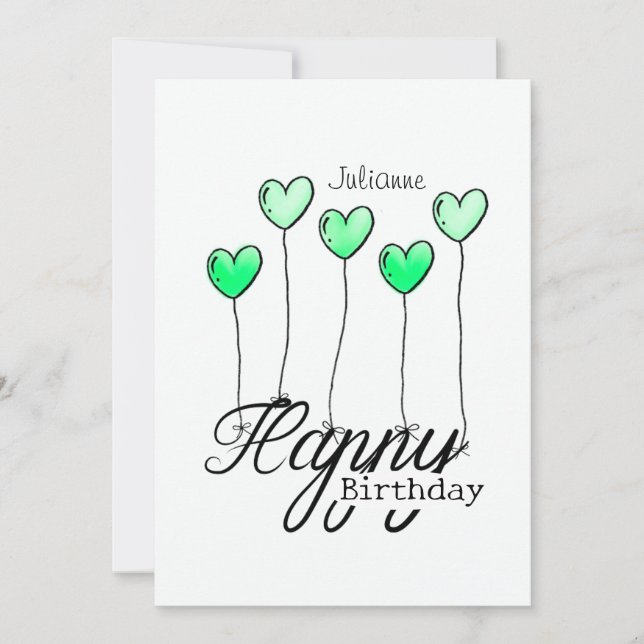 Birthday Card With Green Heart Balloons And Name Kort (Framsida)