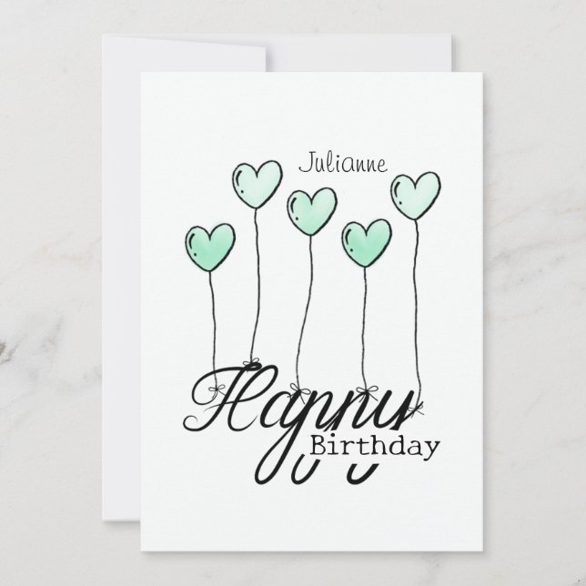 Birthday Card With Mint Heart Balloons And Name Kort (Framsida)