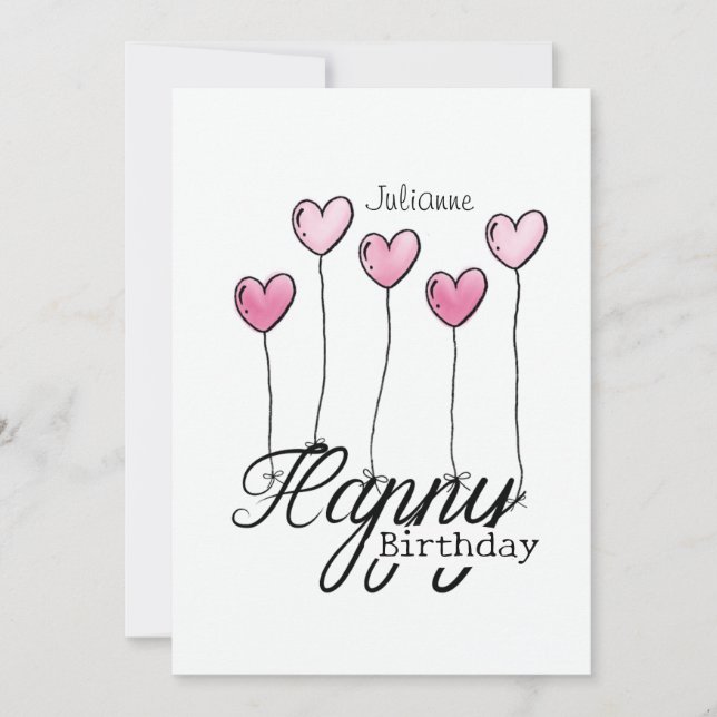 Birthday Card With Pink Heart Balloons And Name Kort (Framsida)