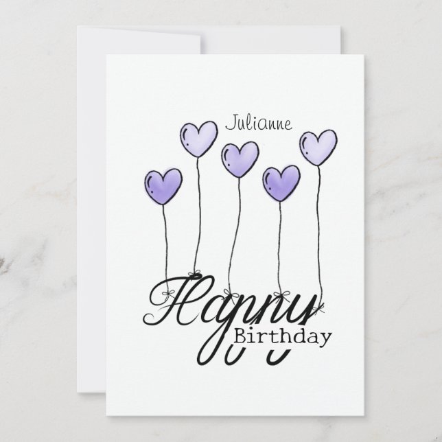 Birthday Card With Purple Heart Balloons And Name Kort (Framsida)