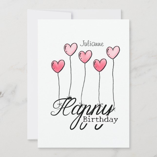 Birthday Card With Red Heart Balloons And Name Kort (Framsida)