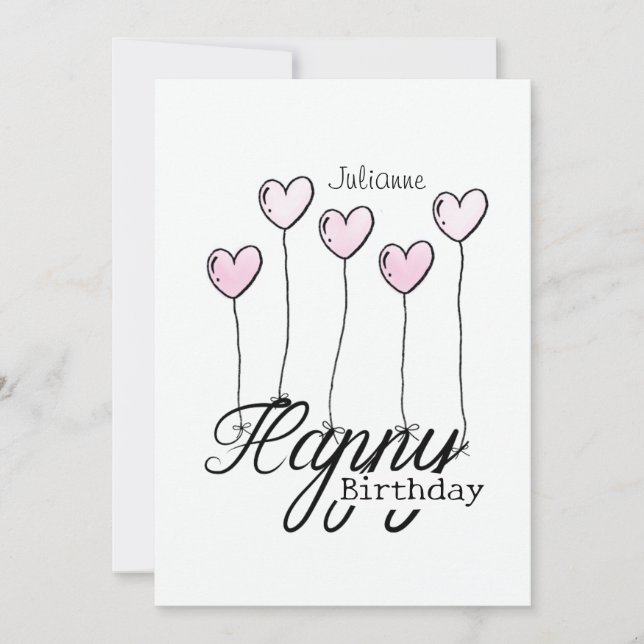 Birthday Card With Rosé Heart Balloons And Name Kort (Framsida)
