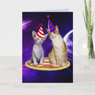 BIRTHDAY CAT I RYMDEN MED PIZZA-KATKORT KORT
