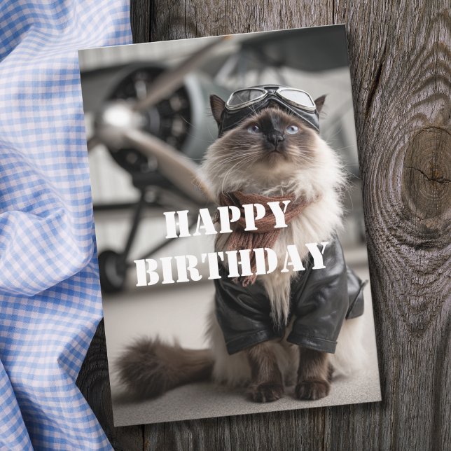 Birthday Cat Pilot Airplane Cool Funny Aviation Kort (Skapare uppladdad)