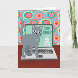 Birthday Cat Typing on Laptop Kort