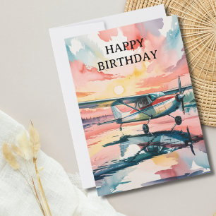 Birthday Cessna Airplane Sjö Photo Watercolor Julkort