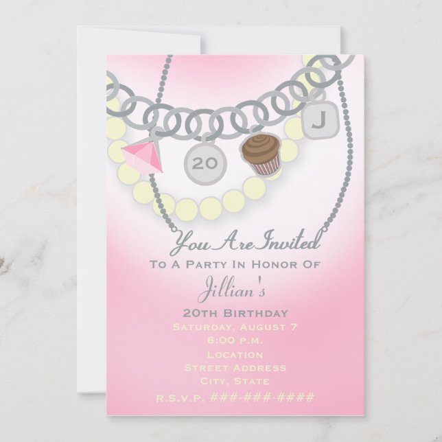 Birthday Charm Bracelet & Pearls Jewelry Inbjudan (Framsida)