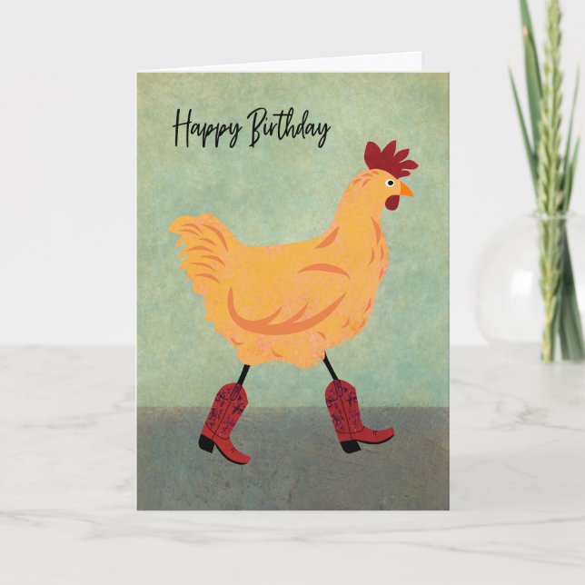 Birthday Chicken Wearing Cowboy Boots Kort (Framsida)