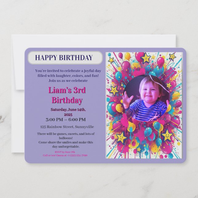  Birthday Colorful Photo Balloon Party Invitation Inbjudningar (Framsida)