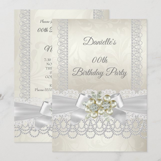 Birthday Cream White Pearl Snöre Damask Diamond Inbjudningar (Fram/baksida)