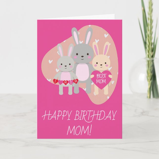 Birthday Cute Best Mamma Bunny Rabbit Rosa Hearts Kort (Framsida)