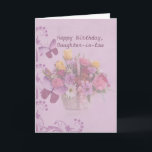 Birthday, Daughter-in-law, Basket of Flowers Kort<br><div class="desc">A basket of colorful flowers including red and yellow roses, pink carnations, and white daisies make this a wonderful floral image for a birthday greeting for a daughter-in-law. A pink ribbon is tied to the basket. Scroll work and butterflies go up the left side and the entire image is faded...</div>