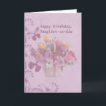 Birthday, Daughter-in-law, Basket of Flowers Kort<br><div class="desc">A basket of colorful flowers including red and yellow roses, pink carnations, and white daisies make this a wonderful floral image for a birthday greeting for a daughter-in-law. A pink ribbon is tied to the basket. Scroll work and butterflies go up the left side and the entire image is faded...</div>