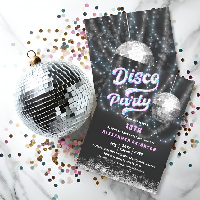Birthday Disco Party Inbjudningar (Birthday disco party invitation front and back view.)