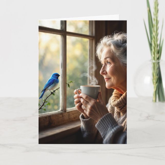 Birthday Elderly Woman Watching a Bluebird Kort (Framsida)