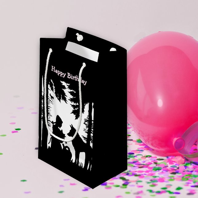 Birthday Fairy Tale Riding Hood Wolf Black White (Red riding hood in woods with flowers talking to wolf on black white Happy Birthday gift bags.)