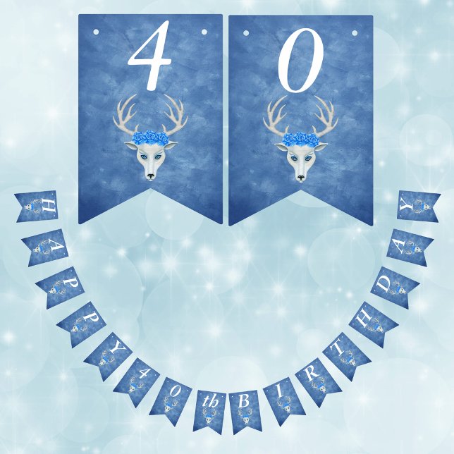 Birthday Fantasy White Hjort Head Ro Misty Blue Vimplar (White Deer Head With blue roses antlers on Happy Birthday bunting flag party decoration.)