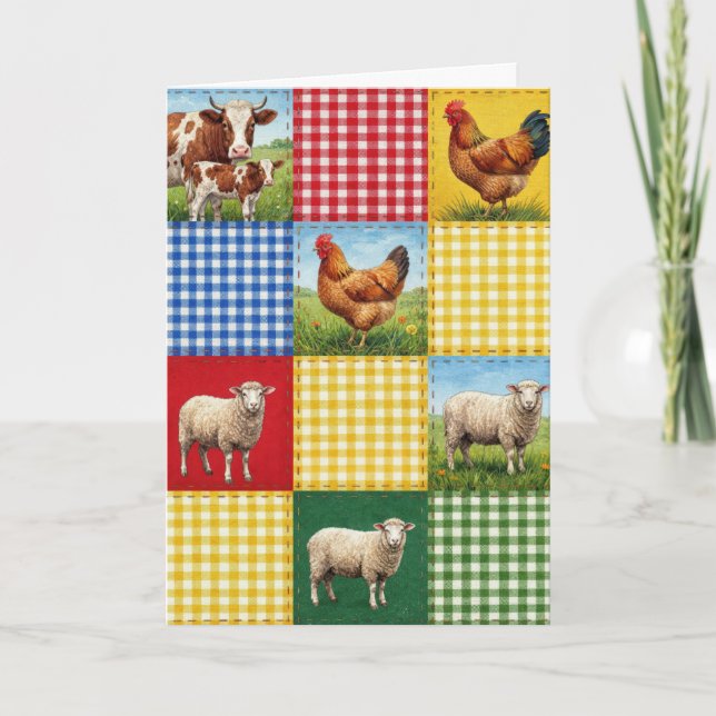 Birthday Farm Animals and Gingham Patchwork Quilt Kort (Framsida)