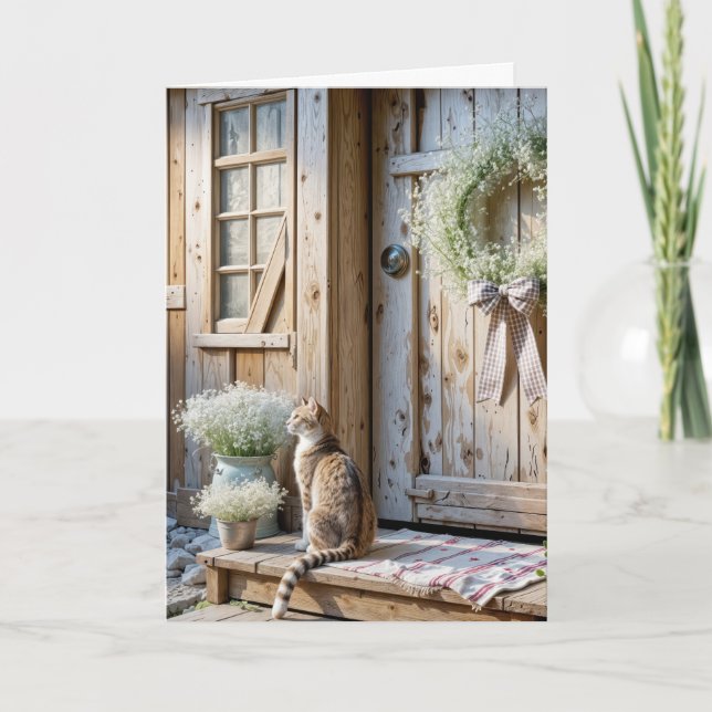 Birthday Farmhouse Cat With Baby's Breath Wreath Kort (Framsida)