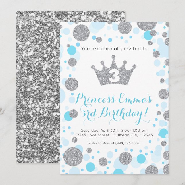 Birthday för Teal Blue Silver Glitter Princess Bir Inbjudningar (Fram/baksida)