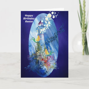 Birthday for Young Girl Lighthouse Sea & Sjöjungfr Kort