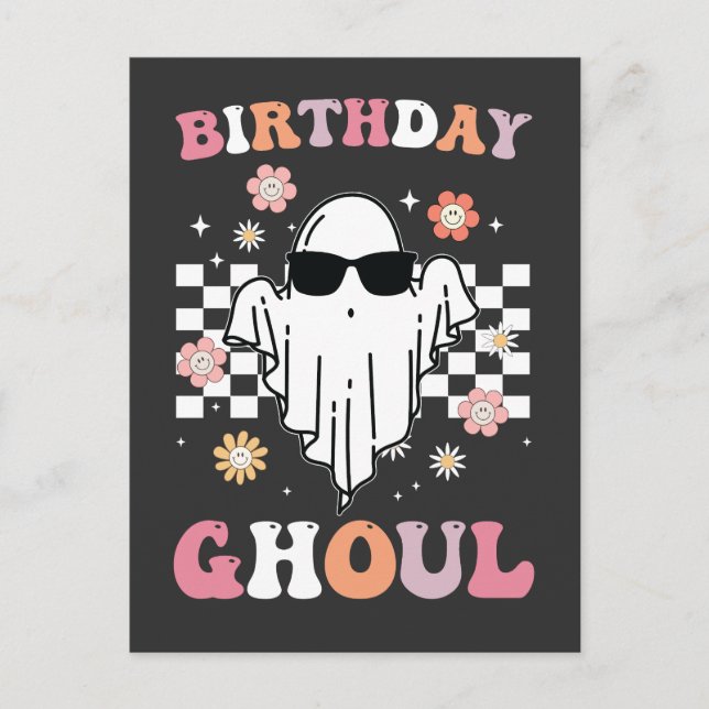 Birthday Ghoul Ghost Halloween Groovy Retro Inbjudan Vykort (Framsida)