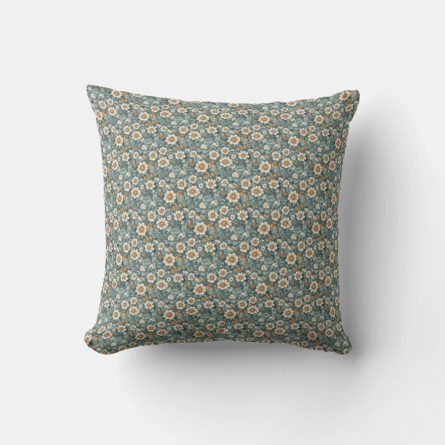 Birthday Gift | Blommönstret Teal och Beige Kudde (Framsida)