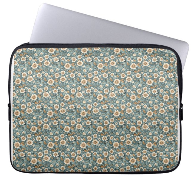 Birthday Gift | Blommönstret Teal och Beige Laptop Fodral (Framsidan)